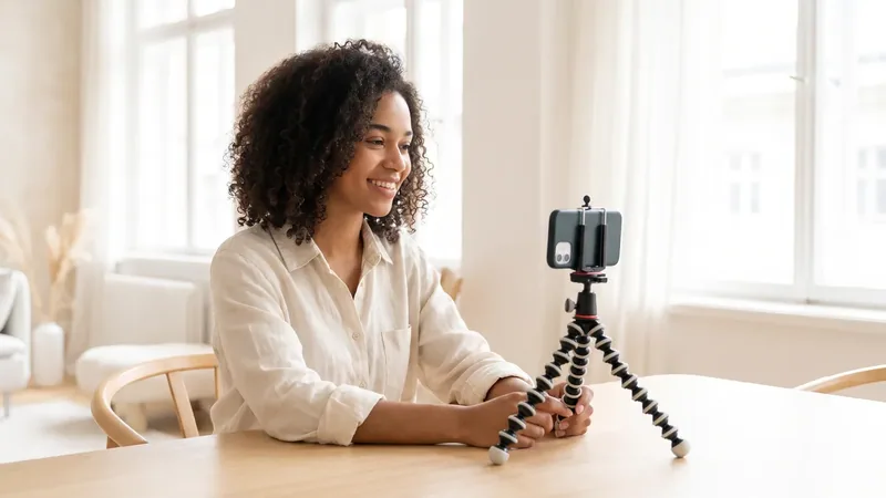 A content creator recording themselves with a smartphone on a small tripod