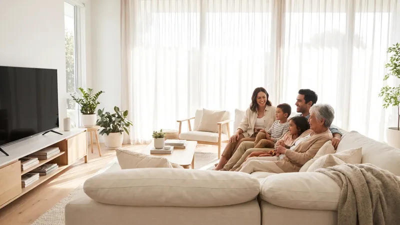 A family on a sofa watching television in a living room